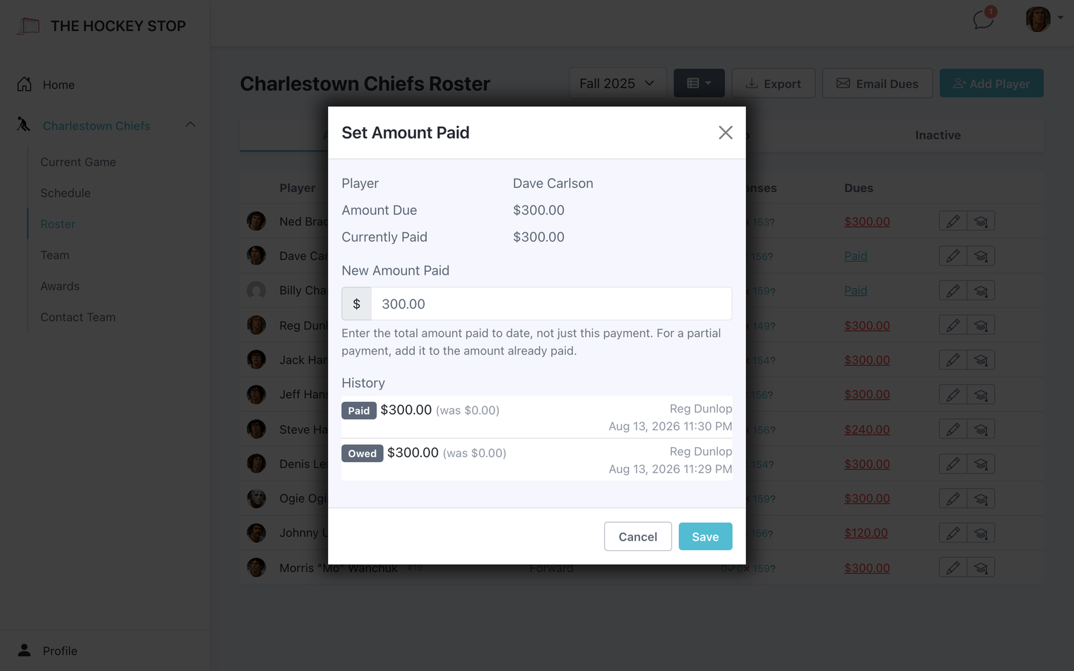 The dues ledger: every payment recorded separately, with notes