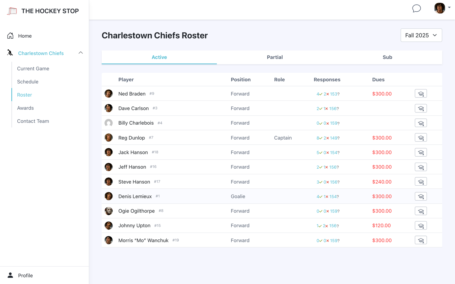 The roster as a player sees it — outstanding balances in red, blank for anyone paid up