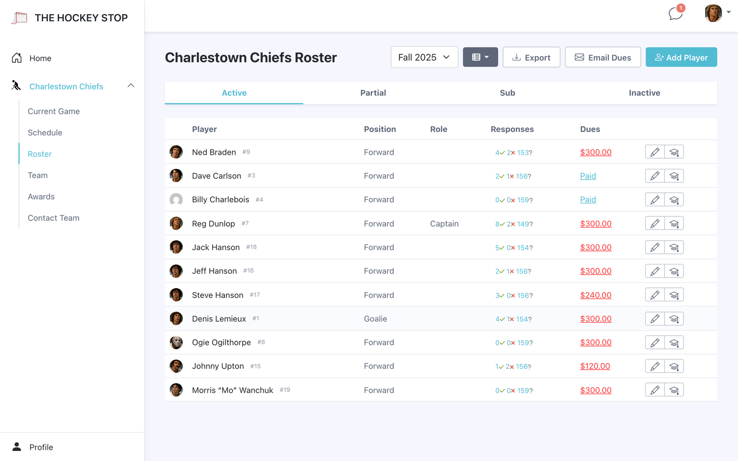 Roster with dues owed and paid per player