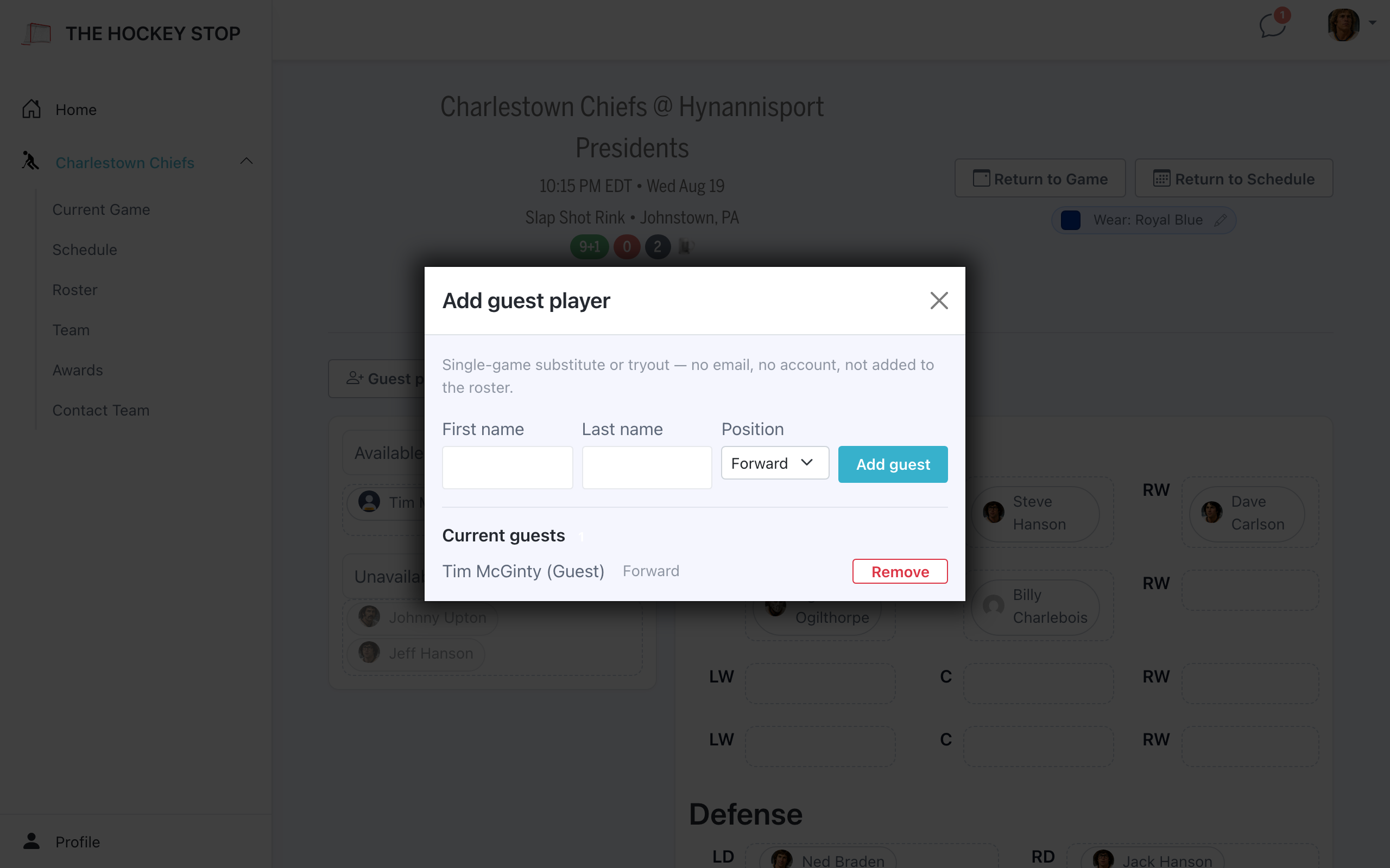 Adding a single-game guest player