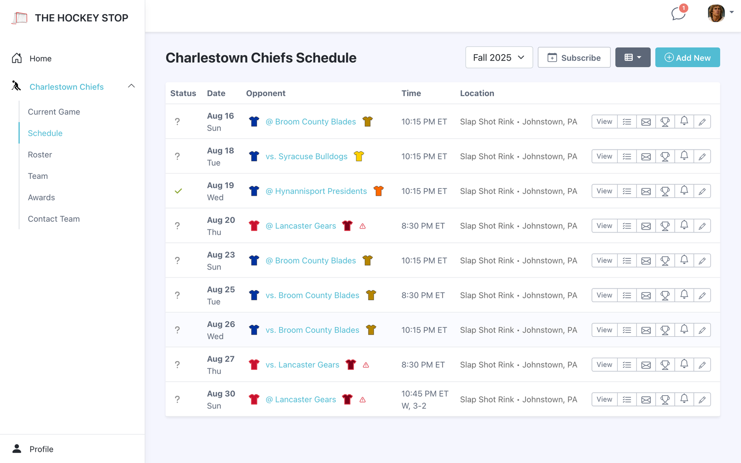 The team schedule, with check-in counts per game