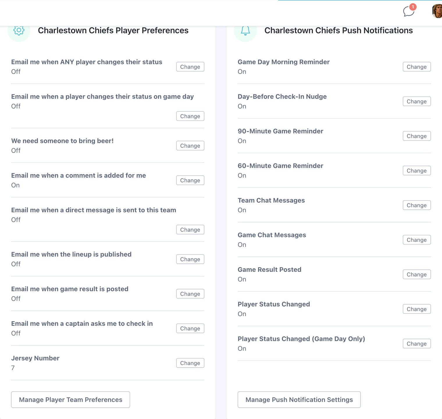Per-team push notification settings