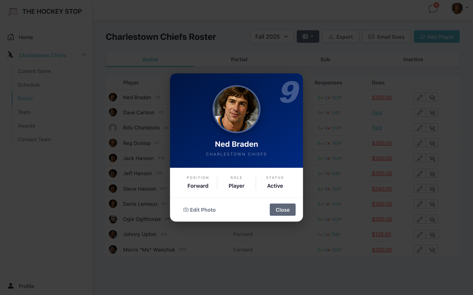 A player card, opened from the roster